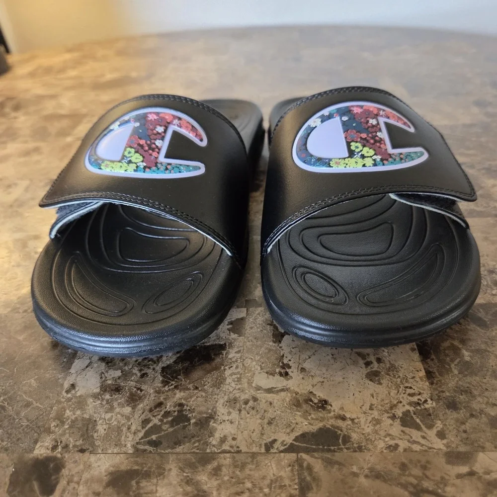 Champion Mega slide sandals women's sz 7 adjustable strap black floral C sporty